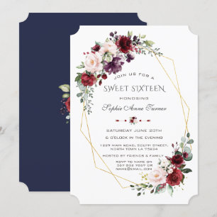 Invitación Borgoña de lujo Rubor Floral Gold Sweet 16