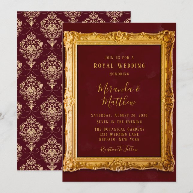 Invitación Borgoña de lujo y Boda real de oro (Anverso / Reverso)