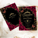 Invitación Borgoña de oro negro Quinceanera<br><div class="desc">Invitación a la celebración de Quinceanera en negro,  oro y borgoña. Características,  letra de guión,  mariposas doradas,  rosas de acuarela y tiara. Perfecto para una elegante celebración de glam al estilo de la princesa. Personaliza con tus propios detalles. Invitaciones Zazzle impresas o una plantilla imprimible digital de descarga instantánea.</div>