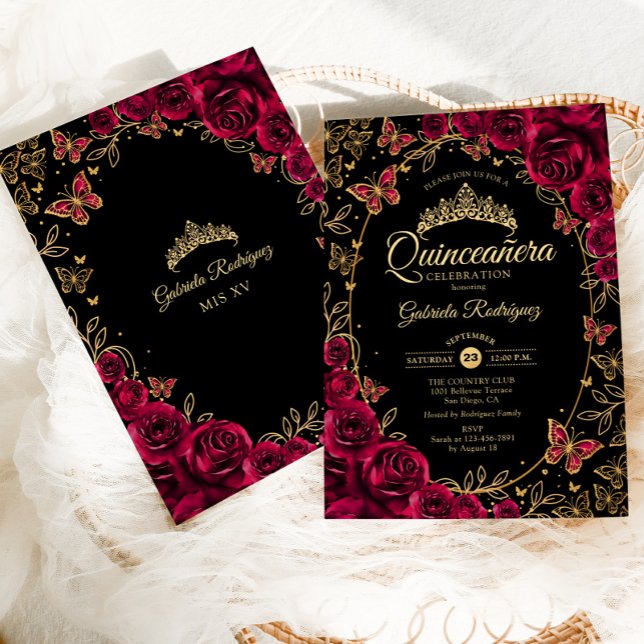 Invitación Borgoña de oro negro Quinceanera (Subido por el creador)