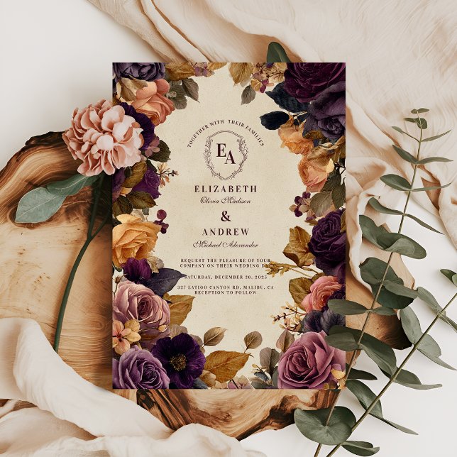 Invitación Borgoña de otoño y Boda floral de oro (Subido por el creador)