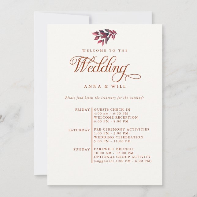 Invitación Borgoña deja elegante boda otoñal Itinerario (Anverso)