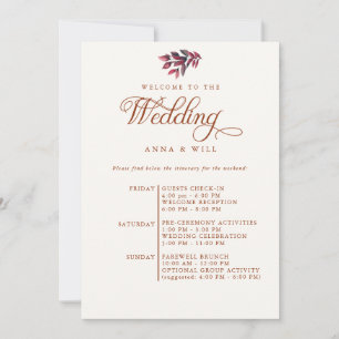 Invitación Borgoña deja elegante boda otoñal Itinerario