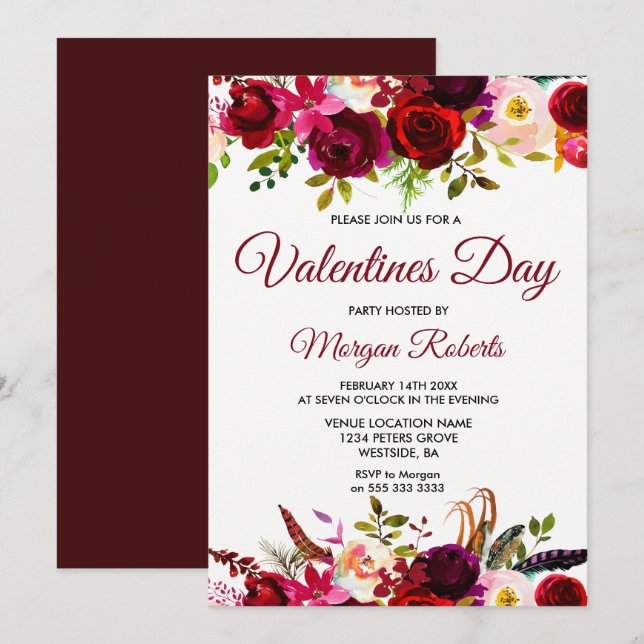 Invitación Borgoña Día de San Valentín elegante floral invita (Anverso / Reverso)