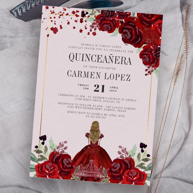 Invitación Borgoña Dorada Floral Princesa Birthday Quinceaner (Subido por el creador)