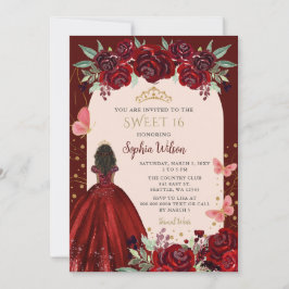 Invitación Borgoña Dorada Floral Princesa Dulce 16