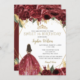 Invitación Borgoña Dorada Floral Princesa Dulce 16