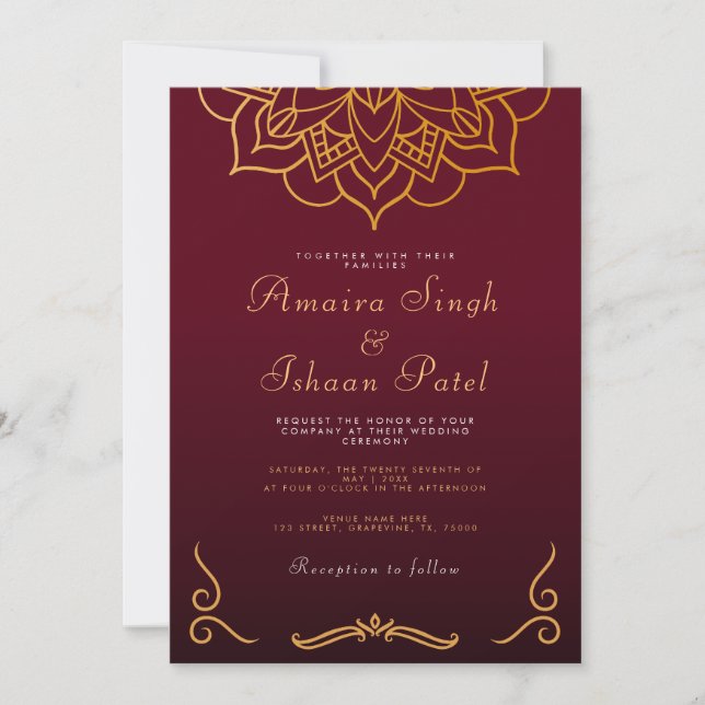 Invitación Borgoña dorada Mandala Boda indio de la noche de l (Anverso)