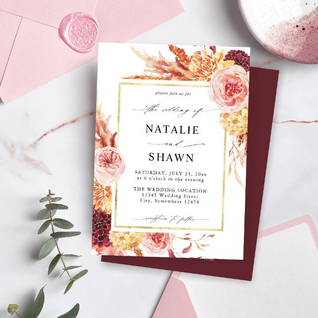 Invitación Borgoña dorada y Boda floral rosa Rubor - B (Subido por el creador)
