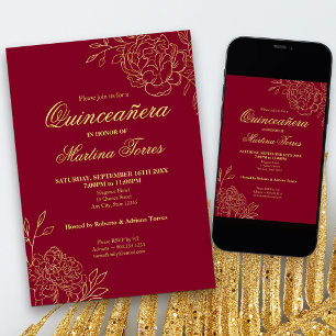 Invitación Borgoña Dorado contorno Flor Floral Quinceanera
