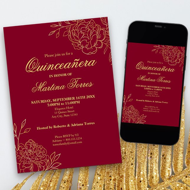 Invitación Borgoña Dorado contorno Flor Floral Quinceanera (Red and Gold Quinceanera Invitation, from my Gold Sketched Floral collection
)