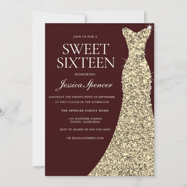 Invitación Borgoña Dorado Dress Sweet 16 Invite (Anverso)
