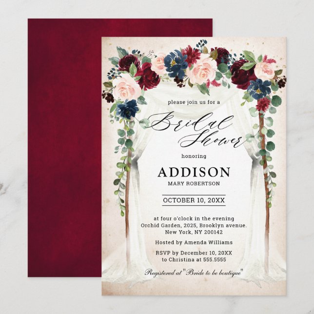 Invitación Borgoña ducha de novia con arco floral de la marin (Anverso / Reverso)