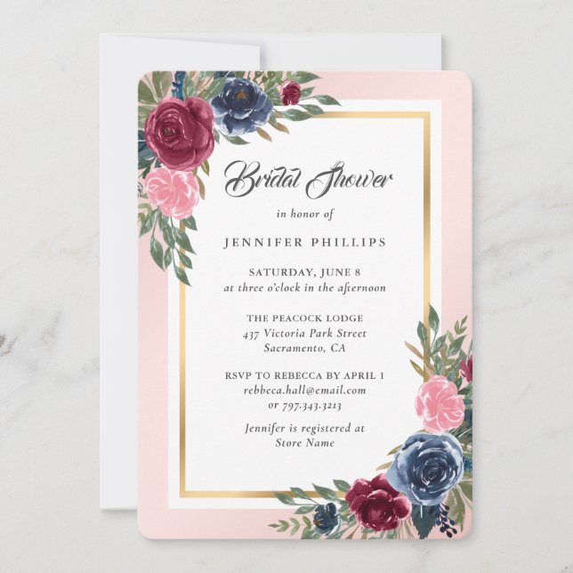 Invitación Borgoña ducha de novia floral azul de la marina ro (Anverso)
