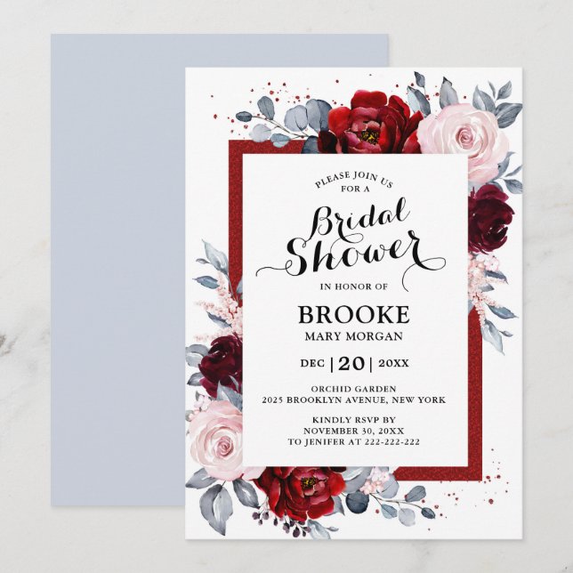 Invitación Borgoña Dusty Blue Slate Bridal Shower (Anverso / Reverso)