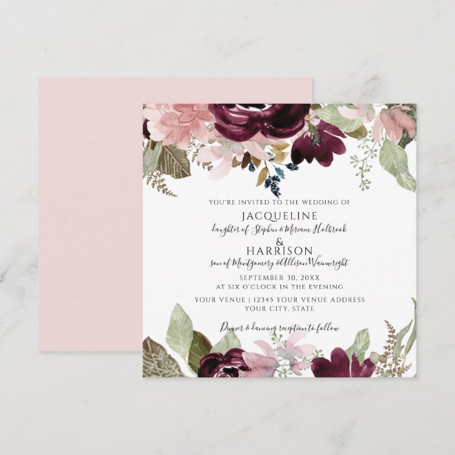 Invitación Borgoña Dusty Boda de follaje elegante con flores  (Anverso / Reverso)