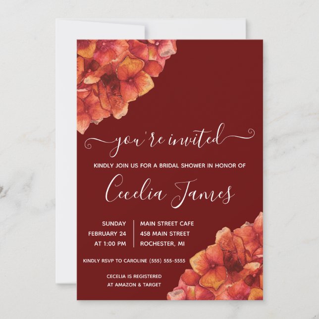 Invitación Borgoña e hidrangea roja ducha de novia (Anverso)