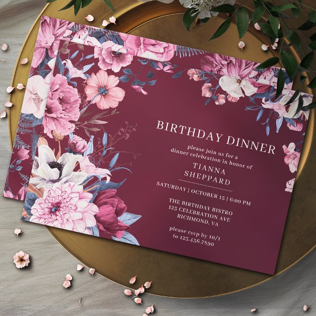 Invitación Borgoña | Elegante cena de cumpleaños con flores d (Subido por el creador)