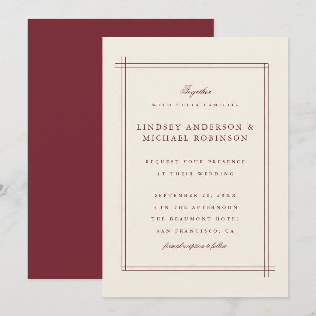 Invitación Borgoña elegante elegante y boda de marfil goteada (Anverso / Reverso)