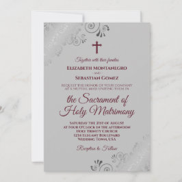 Invitación Borgoña elegante sobre Boda católico moderno gris