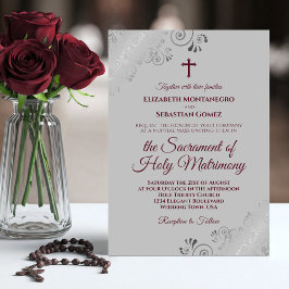 Invitación Borgoña elegante sobre Boda católico moderno gris