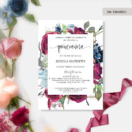 Invitación Borgoña española, Quinceañera floral azul