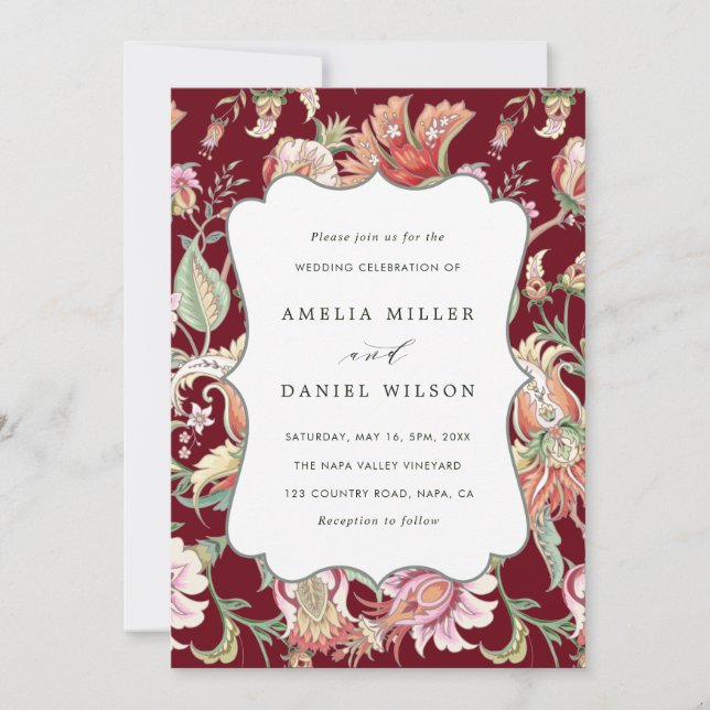 Invitación Borgoña | Fantasía tropical Boho Boda Floral (Anverso)