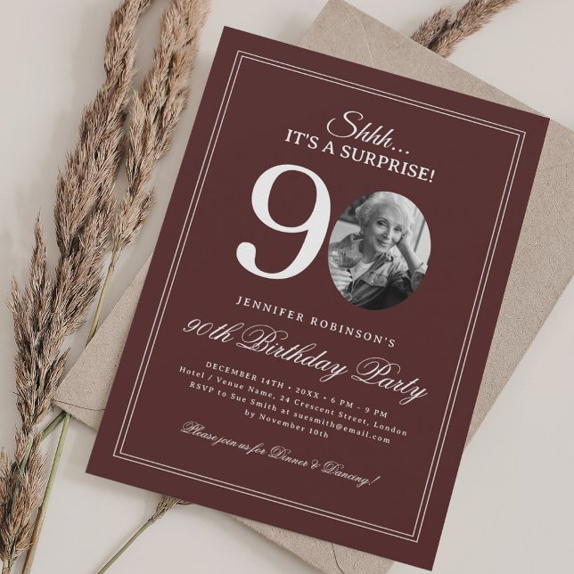 Invitación Borgoña | Fiesta de cumpleaños sorpresa número 90 (Burgundy | Surprise 90th Birthday Party Invitation)