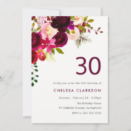 Invitación Borgoña Fiesta de Floral de Boho Rojo 30 cumpleaño