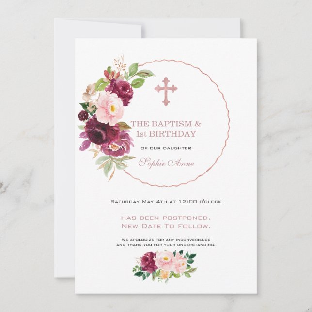 Invitación Borgoña Floral 1er cumpleaños y bautismo pospuesto (Anverso)