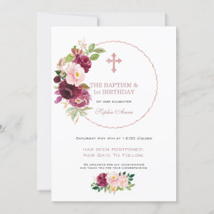 Invitación Borgoña Floral 1er cumpleaños y bautismo pospuesto