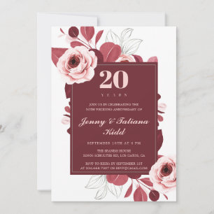 Invitación Borgoña Floral 20° aniversario del boda