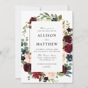 Invitación Borgoña floral acuarela y boda rubio