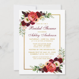 Invitación Borgoña Floral Boho Bridal Shower Gold Invite WB