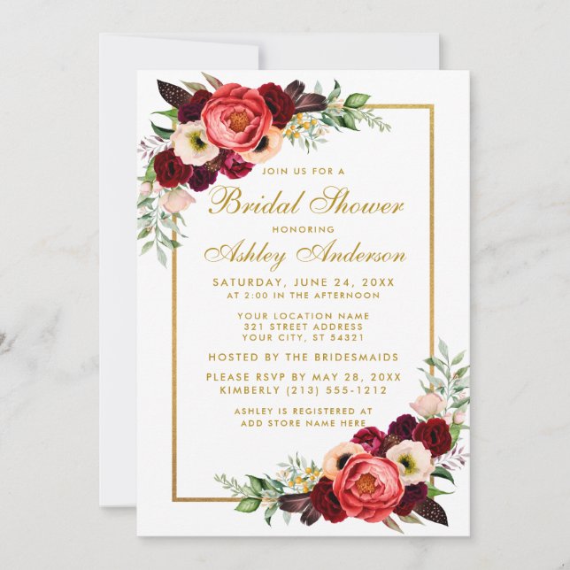 Invitación Borgoña Floral Boho Bridal Shower Gold Invite WG (Anverso)