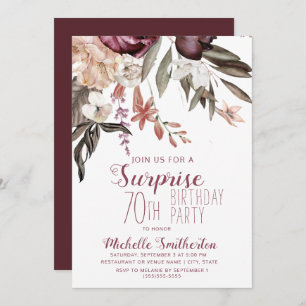 Invitación Borgoña Floral Boho Vintage 70 cumpleaños