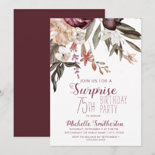 Invitación Borgoña Floral Boho Vintage 75º cumpleaños