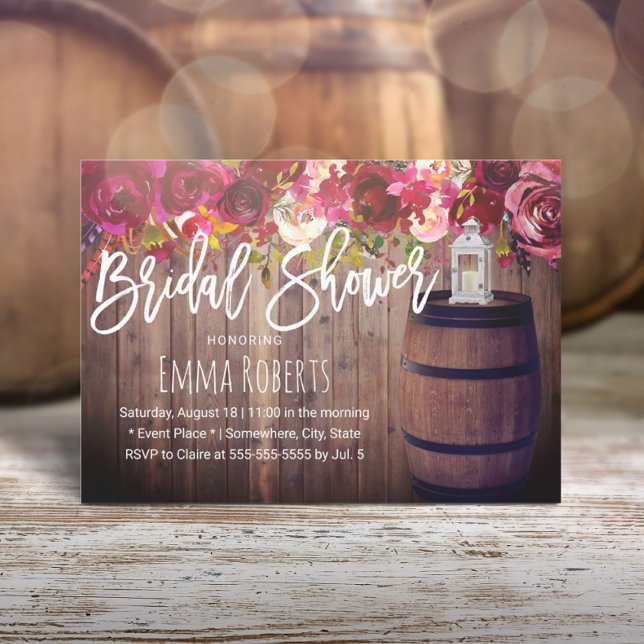 Invitación Borgoña Floral Boho Wine Barrel Bridal Shower (Subido por el creador)