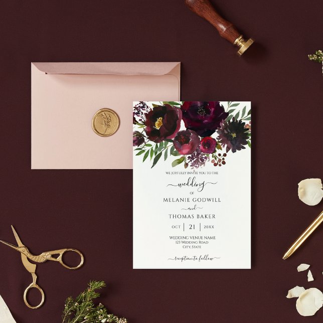 Invitación Borgoña Floral Botánica Elegante Boda Lujo (Subido por el creador)