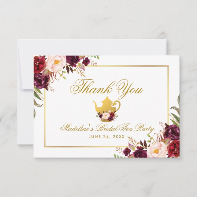 Invitación Borgoña Floral Bridal Shower Tea Fiesta Gracias (Anverso)