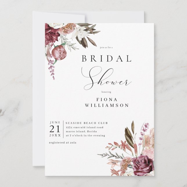Invitación Borgoña Floral Bridal ShowerInvitación (Anverso)