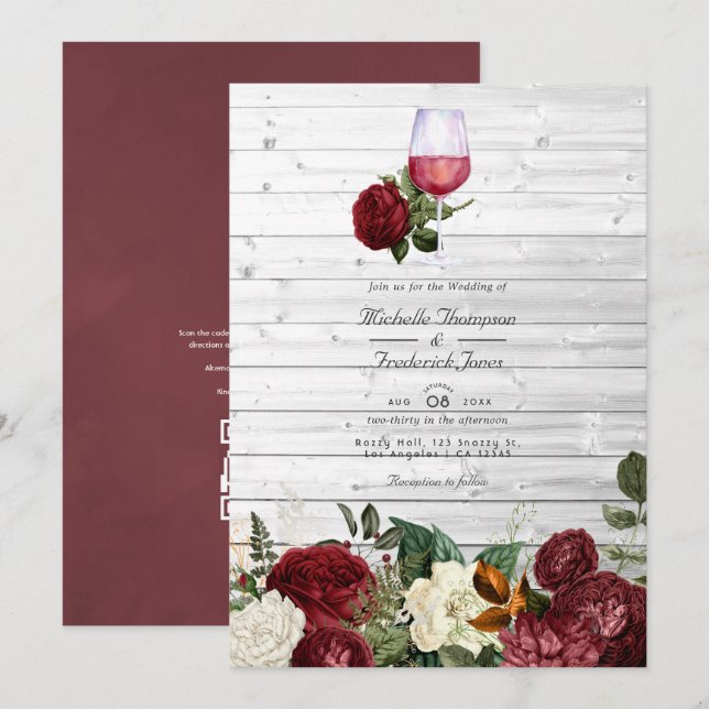 Invitación Borgoña Floral Código QR RSVP Boda de degustación  (Anverso / Reverso)