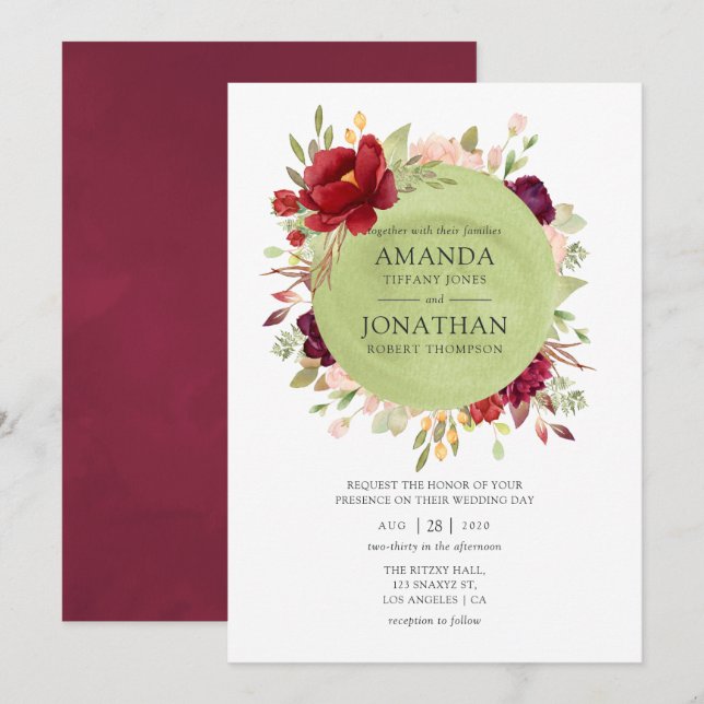 Invitación Borgona - Floral de Boda Marsala y Rosado (Anverso / Reverso)