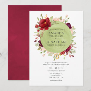 Invitación Borgona - Floral de Boda Marsala y Rosado