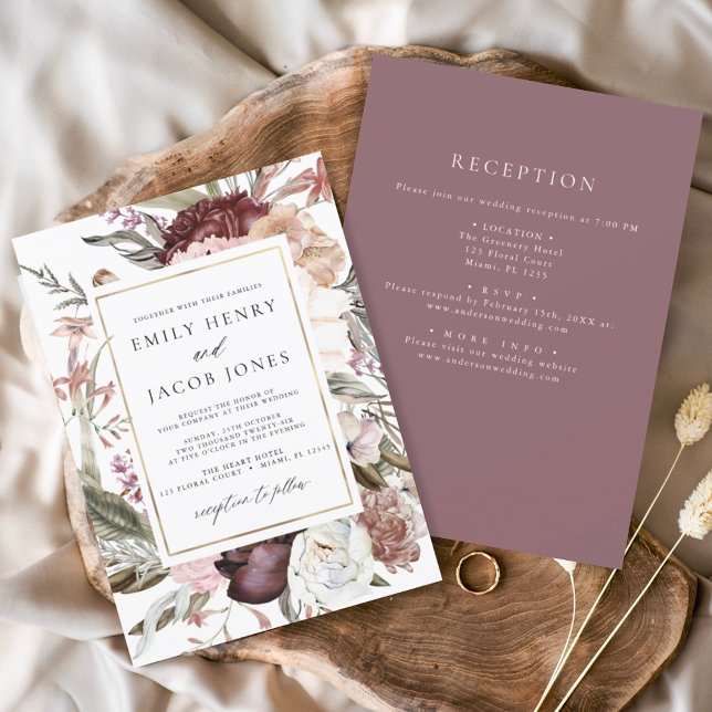 Invitación Borgoña Floral de boho en un solo Boda (Subido por el creador)