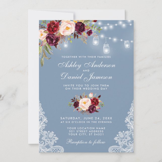 Invitación Borgoña Floral Dusty Azul Boda Luces Lace (Anverso)
