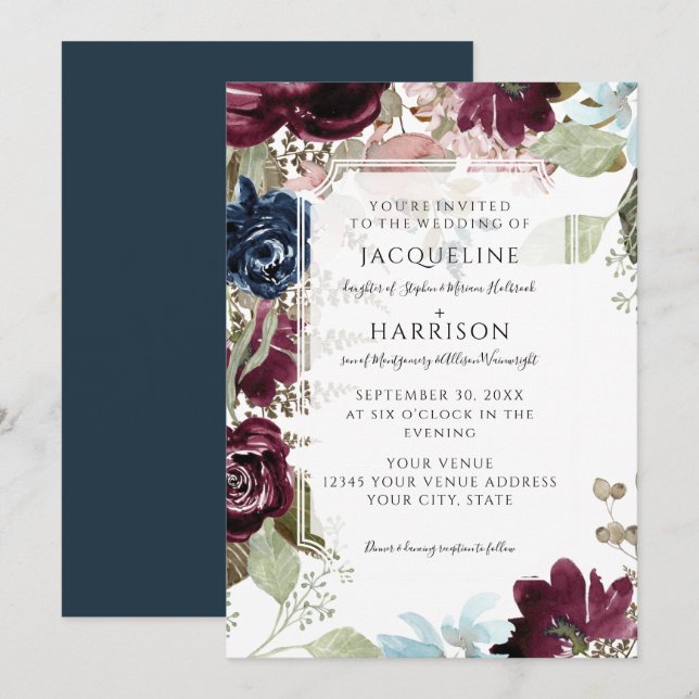Invitación Borgoña Floral Elegante Boda del Fall Rubor Fall (Anverso / Reverso)