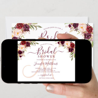Invitación Borgoña Floral Elegante ducha de novia monograma