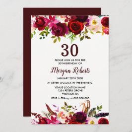 Invitación Borgoña Floral Elegante Invite a Fiesta 30 cumplea