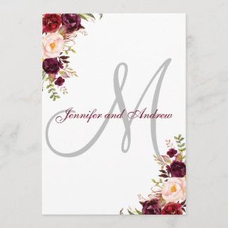 Invitación Borgoña Floral Elegante Monograma Clásico Boda